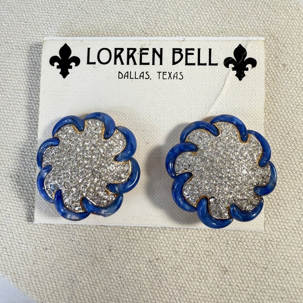Lorren‎ Bell Blue & Rhinestone Clip-On Earrings New